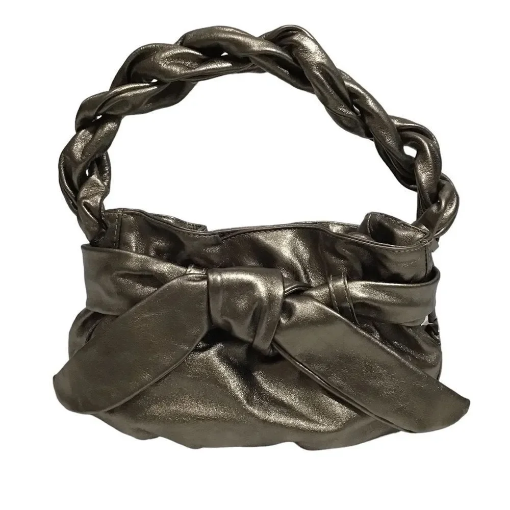 Furla Leather Gold Metallic Hobo Bag Braided Strap Bow Mini Handbag